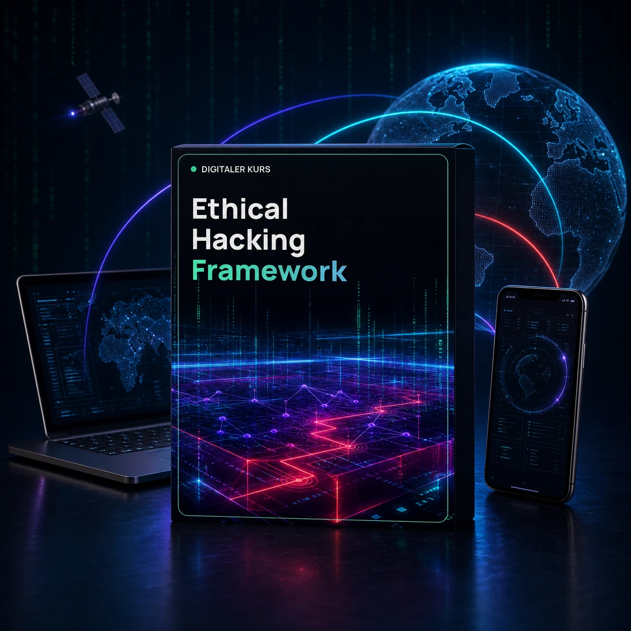 Ethical Hacking Framework mit Laptop, Smartphone und globalem Netzwerk
